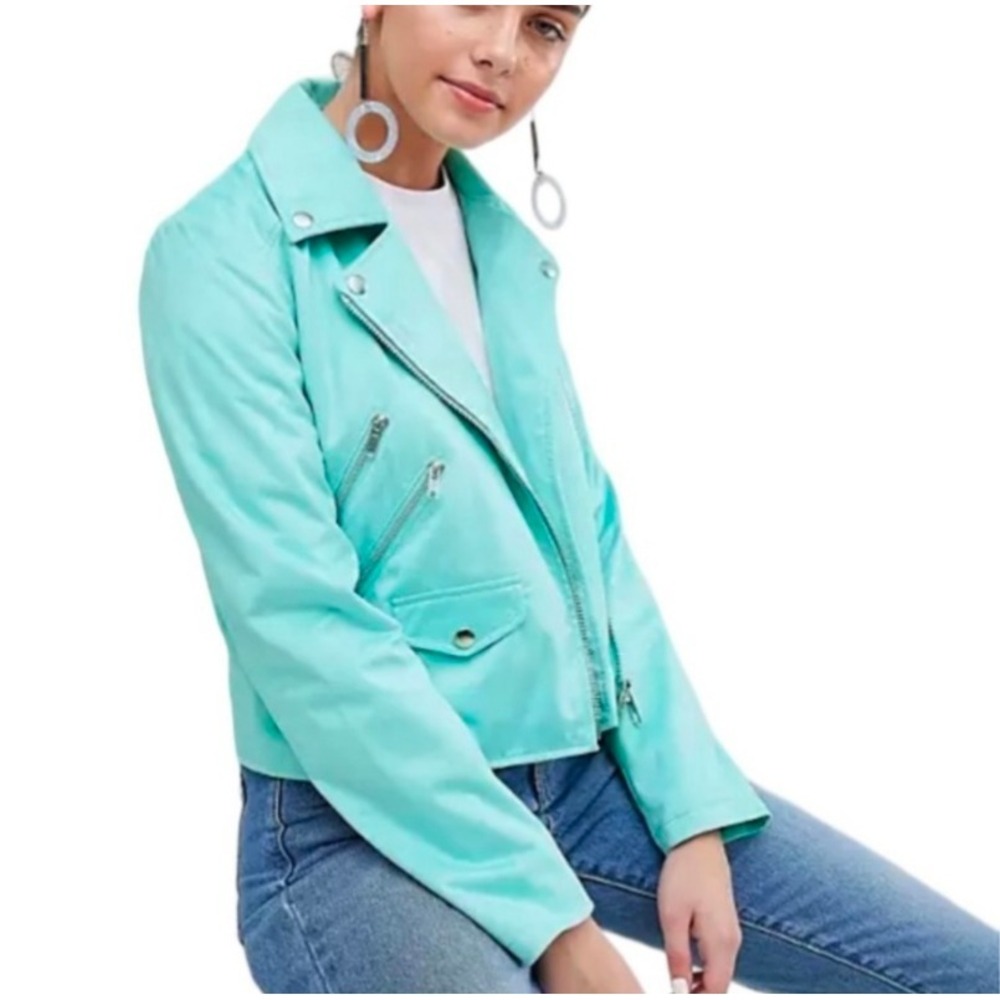 Asos Petite 4 Mint Green Ultimate Suedette Zip Up Crop Biker Jacket  Women's NWT